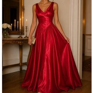 Vintage 90s Red Satin Ball Gown V-Neck Basque Waist Prom Formal Dress Size 14 s1